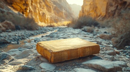 Old Book on Rocks in Canyon Creek Bed with Sunlight