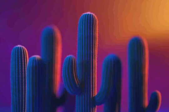 Close-up of several saguaro cacti bathed in vibrant neon purple and orange light.
