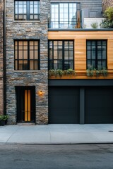 Obraz premium Modern urban house featuring a striking combination of stone and wood facade with large windows, inviting entrance, and sleek garage doors in a city setting