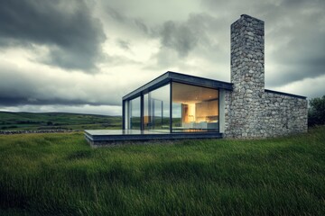 Modern architectural design blends with natural landscape in a serene setting featuring a stone chimney and large glass windows amidst rolling green hills under a dramatic sky