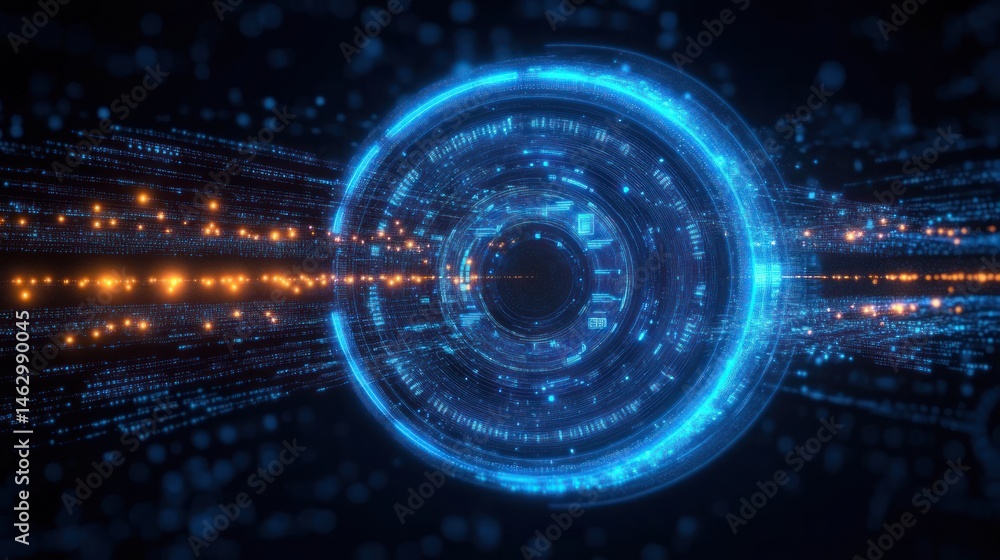 Poster glowing futuristic blue and orange digital tunnel with circular interface and streaming data points 