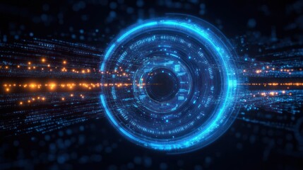 Obraz premium Glowing futuristic blue and orange digital tunnel with circular interface and streaming data points conveying advanced technology and connectivity
