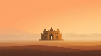 Obraz premium Flat vector mosque with arched windows and doorways in gradient sunset hues (coral, mustard, slate). Simplified silhouette against a gradient ombre sky.