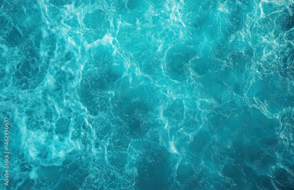 Poster close-up view of vibrant blue ocean water surface with swirling waves and foam creating dynamic text