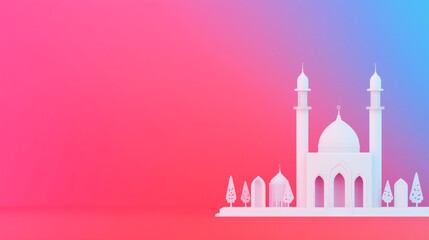 Flat vector mosque with arched windows and doorways in gradient sunset hues (coral, mustard, slate). Simplified silhouette against a gradient ombre sky.