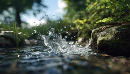 Water Splashing in a Creek, Sunlight on Foliage