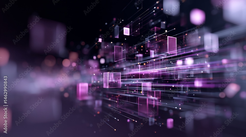 Poster abstract futuristic purple cubes with particle data streams and connections