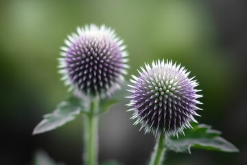 Close-up of two spherical purple and green spiky flowers on green stems with leaves against a softly blurred natural background