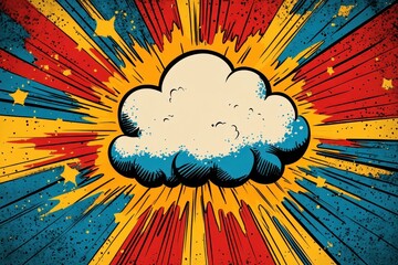 Colorful comic style illustration of a fluffy cloud bursting with dynamic rays and star shapes in vivid red, yellow, and blue tones conveying energy and excitement