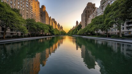 Fototapeta premium Tranquil waters of Central Park pond mirroring the Manhattan skyline at sunset - light hour orange skyscrapers Manhattan