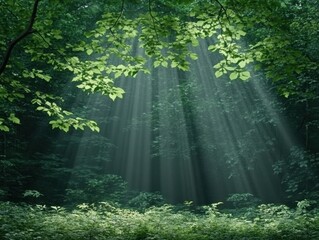 Obraz premium Sunlight streams through lush forest canopy