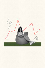 Creative poster collage of young girl sit chair use netbook with charts sketch