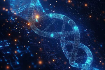 Glowing digital representation of a DNA double helix structure with blue lights and circuit-like background conveying advanced technology and genetic research