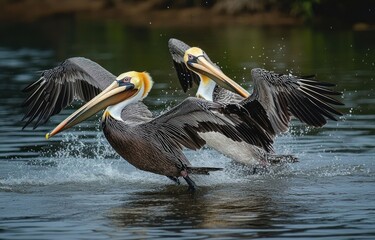 Two pelicans with spread wings taking off from the water surface creating splashes, surrounded by calm water and natural background