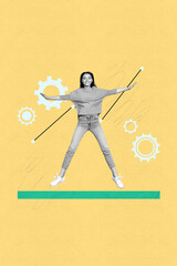 3d sketch image vertical collage of happy businesswoman businessman receive cogwheel optimization settings development career