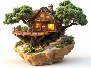 Fototapeta premium Fantasy Treehouse Architecture Nature Home Whimsical Fairy-Tale Design Unique Artistic Sculpture Miniature World Eco-Friendly Idyllic Green Glow Rustic Serene Evening Light Storybook Charm