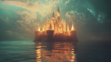 Obraz premium A stunning underwater castle shimmering with warm inviting light. [Submerged Futures] | Liquid Highrise | underwater spire. Illustration