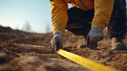 Construction Worker Measuring Soil with Tape Measure