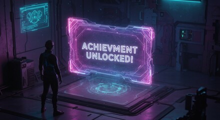 Man stands before a glowing achievement unlocked screen in a futuristic setting with neon lights