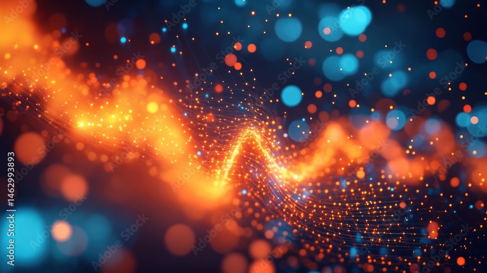 Poster abstract glowing wave pattern with bright orange and blue dynamic light particles creating an energe