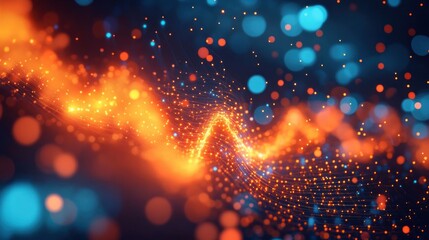 Obraz premium Abstract glowing wave pattern with bright orange and blue dynamic light particles creating an energetic and futuristic atmosphere