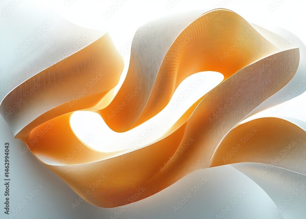 Poster curved flowing light brown and white fabric or paper shapes creating an abstract soft wave pattern w