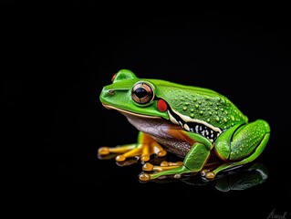 Obraz premium Vivid Green Frog on Black Background