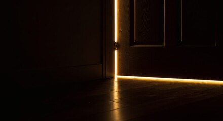 A dimly lit room with a partially open door showing a bright light coming from the outside space