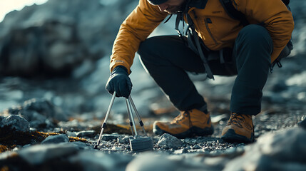 Geologist Collecting Rock Samples in a Rocky Terrain