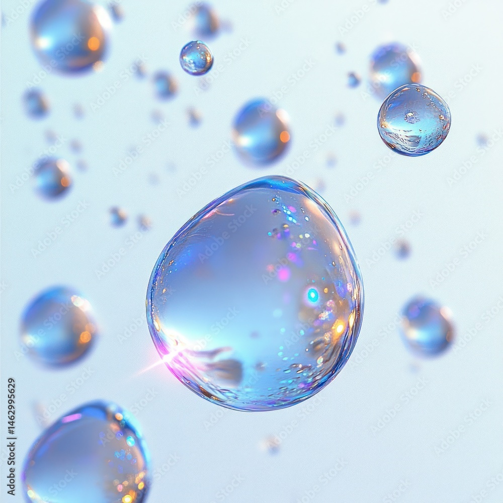 Poster close-up of multiple transparent water droplets floating against a soft blue background with colorfu