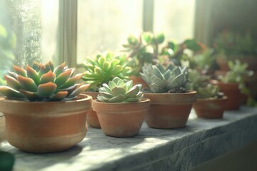 A sunlit windowsill displays a collection of succulents in terracotta pots, showcasing their diverse textures and colors.