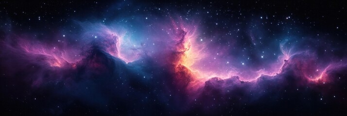 Obraz premium Vibrant cosmic nebula with glowing purple, pink, and orange clouds of interstellar gas illuminated by scattered white stars in deep space