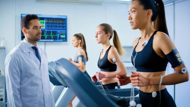 Group of sportswomen running on treadmills with electrodes attached to their bodies, undergoing a stress test supervised by a doctor in a medical facility