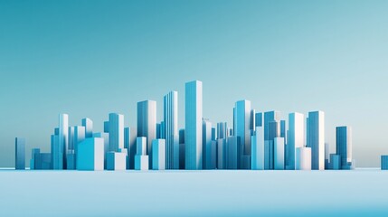 Fototapeta premium A minimalist cityscape, rendered in cool blues and whites. Geometric buildings line the horizon against a pale sky