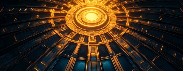 An artistic view of a circular dome interior featuring intricate designs and warm golden lighting. Ideal for showcasing architectural beauty.