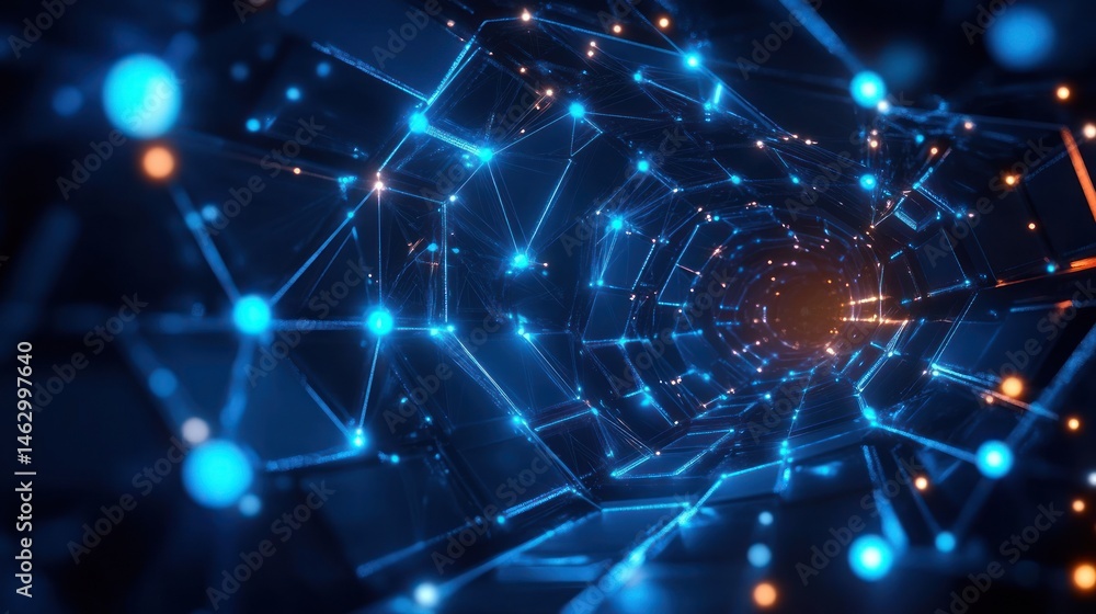 Poster futuristic tunnel made of glowing blue and orange interconnected nodes and lines in a hexagonal patt