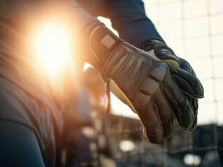 Close-up of a goalkeeper's hands wearing protective gloves.