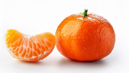 one whole and piece of tangerine mandarin or clementine on white background