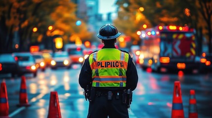 Police officer in high-visibility vest and helmet standing on a wet city street with traffic cones and emergency vehicle lights in the background during evening