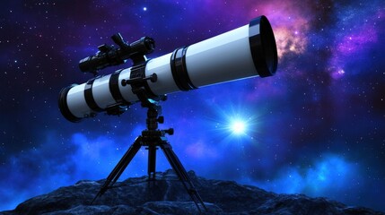 Detailed illustration of a telescope pointed towards a cosmic landscape.