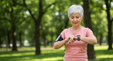 Senior woman using a smartwatch to monitor her heart rate during a walk