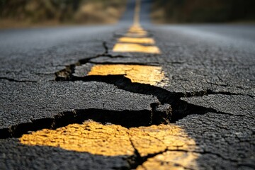 Obraz premium Severely cracked asphalt road surface with faded yellow lines, showing significant deterioration and need for repair.