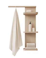 Wooden bathroom shelf with towel and toiletries