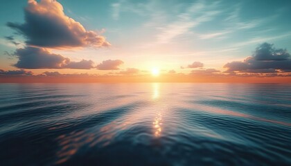 Obraz premium Calm ocean waves reflecting soft pastel colors of a sunset with scattered clouds in a serene sky