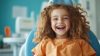 A joyful child with curly hair, laughing in a dental chair, capturing the essence of fun and ease in a dental visit, showing that dentistry can be a positive, friendly experience.