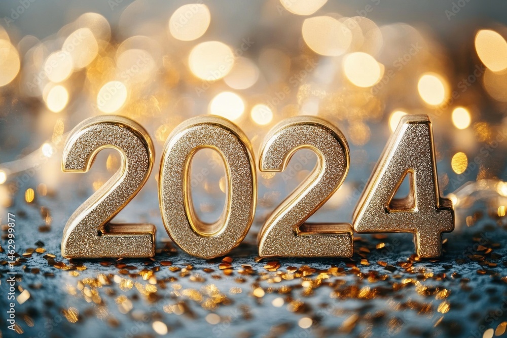 Poster golden glittering numbers forming 2025 with sparkling bokeh lights and scattered golden confetti cre