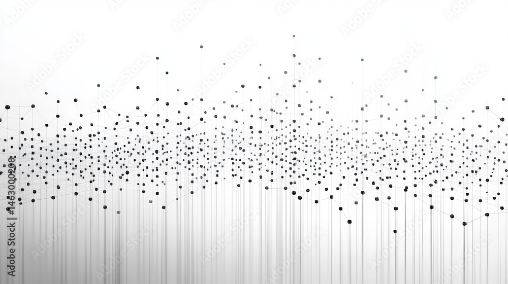 Poster abstract network of interconnected black dots suspended in white space with thin vertical lines crea