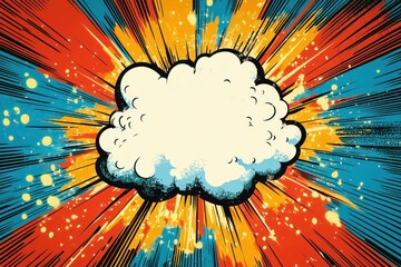 Colorful comic-style explosion with a large white cloud at the center radiating vibrant red, orange, blue, and yellow streaks and splatters creating dynamic energy