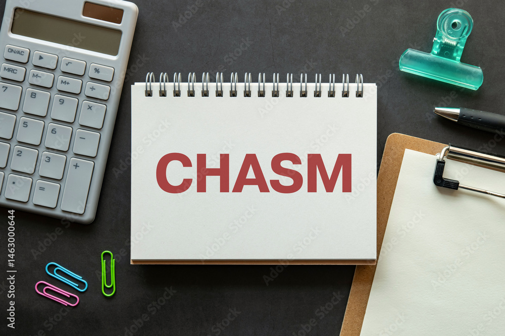 Poster there is notebook with the word chasm. it is as an eye-catching image.