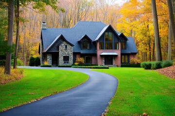 Nestled within a tranquil forest, this stunning residential house is enveloped by vibrant autumn foliage and features a charming, winding driveway